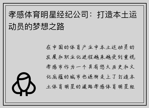 孝感体育明星经纪公司：打造本土运动员的梦想之路