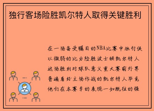 独行客场险胜凯尔特人取得关键胜利